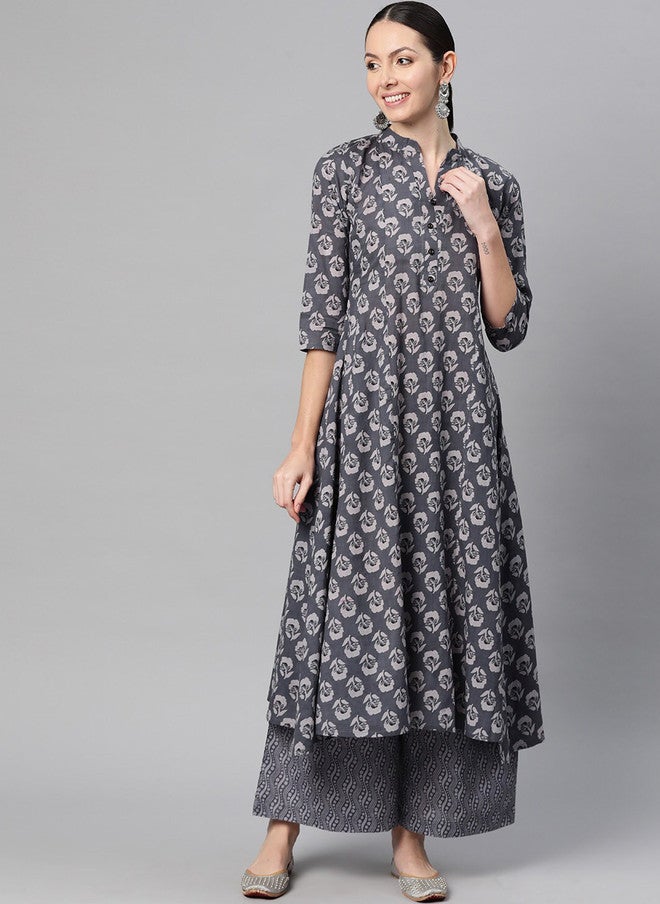 Indibelle Floral Printed Mandarin Collar Cotton Anarkali Kurta in Grey - Image 1