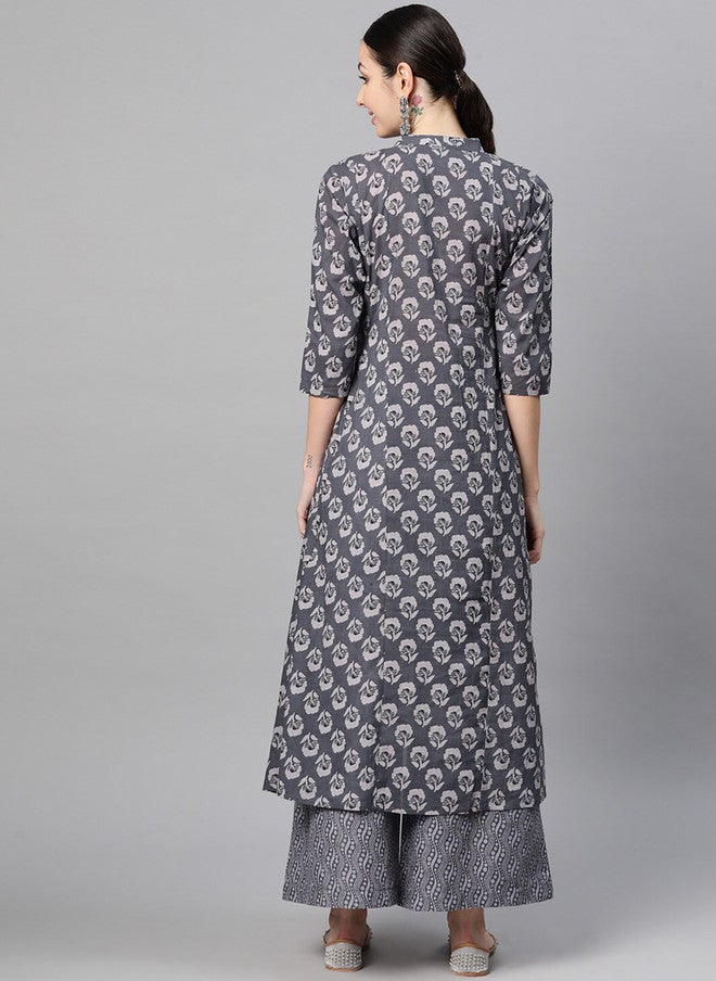 Indibelle Floral Printed Mandarin Collar Cotton Anarkali Kurta in Grey - Image 4