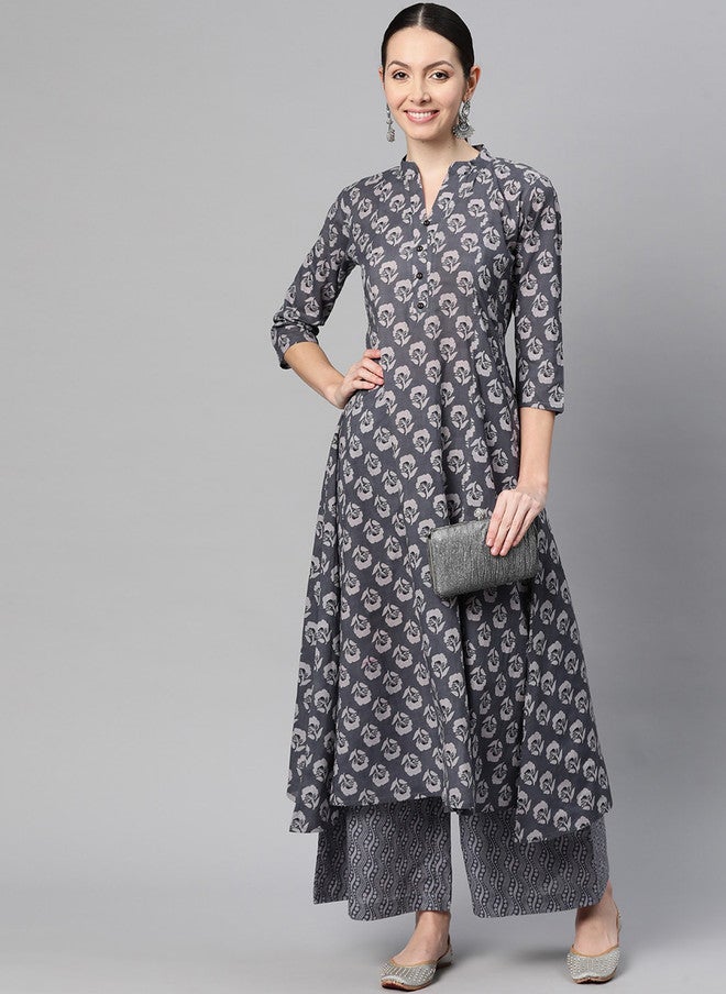 Indibelle Floral Printed Mandarin Collar Cotton Anarkali Kurta in Grey - Image 5