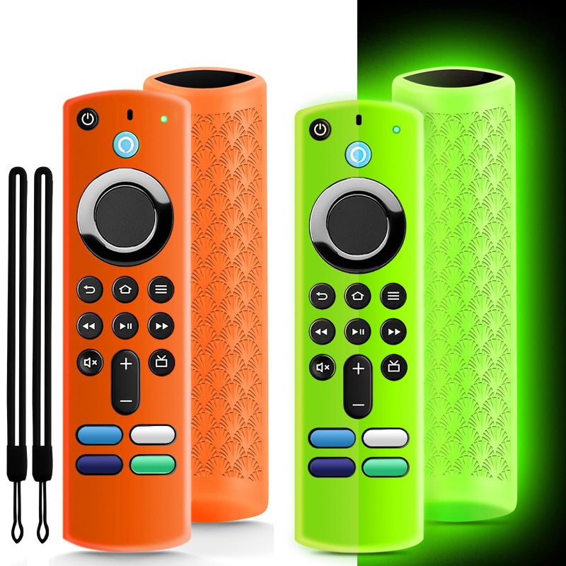 OneBom (2 Pack) Onebom Silicone Protective Remote Cover, Anti-Slip Remote Control Case with Black Lanyard(Glow Green⫬ Glow Orange) - Image 1
