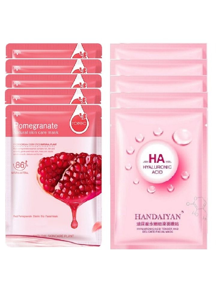 روريك مجموعة من 10 قطع: 5  أقنعة  ترطيب للوجه بخلاصة الرمان الطبيعي و 5 أقنعة للوجه بحمض الهيالورونيك لتوازن دهون الوجه