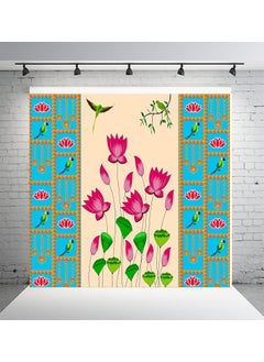 DHARA CREATION Dhara Blue Backdrop with Lotus Printed 8FT8FT Backdrop Cloth for Pooja Decoration Traditional Background Curtain Cloth for Festival Washable Fabric  - Image 1