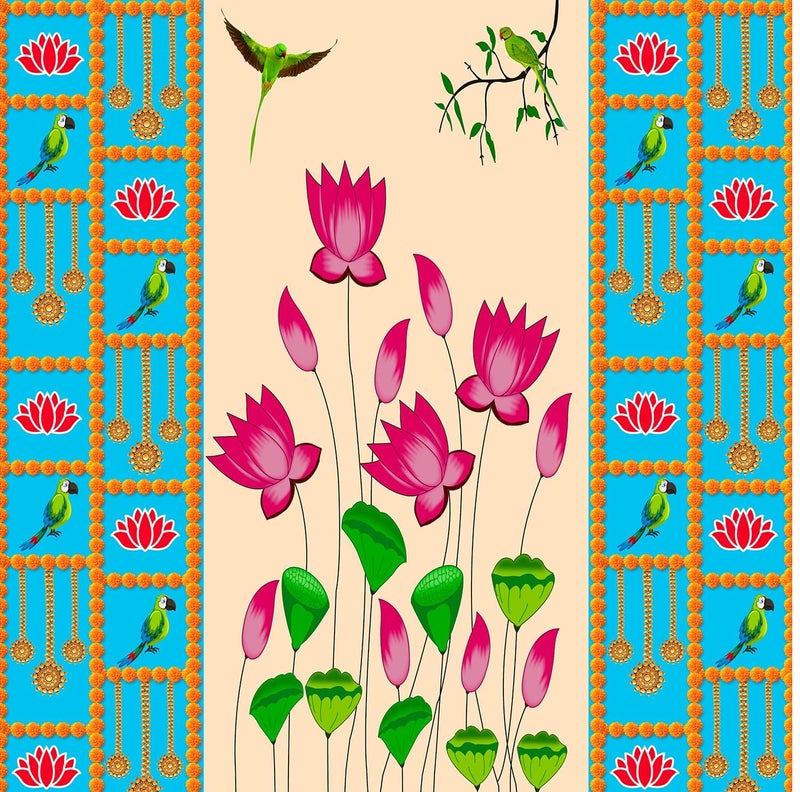 DHARA CREATION Dhara Blue Backdrop with Lotus Printed 8FT8FT Backdrop Cloth for Pooja Decoration Traditional Background Curtain Cloth for Festival Washable Fabric  - Image 3