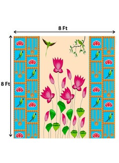DHARA CREATION Dhara Blue Backdrop with Lotus Printed 8FT8FT Backdrop Cloth for Pooja Decoration Traditional Background Curtain Cloth for Festival Washable Fabric  - Image 2