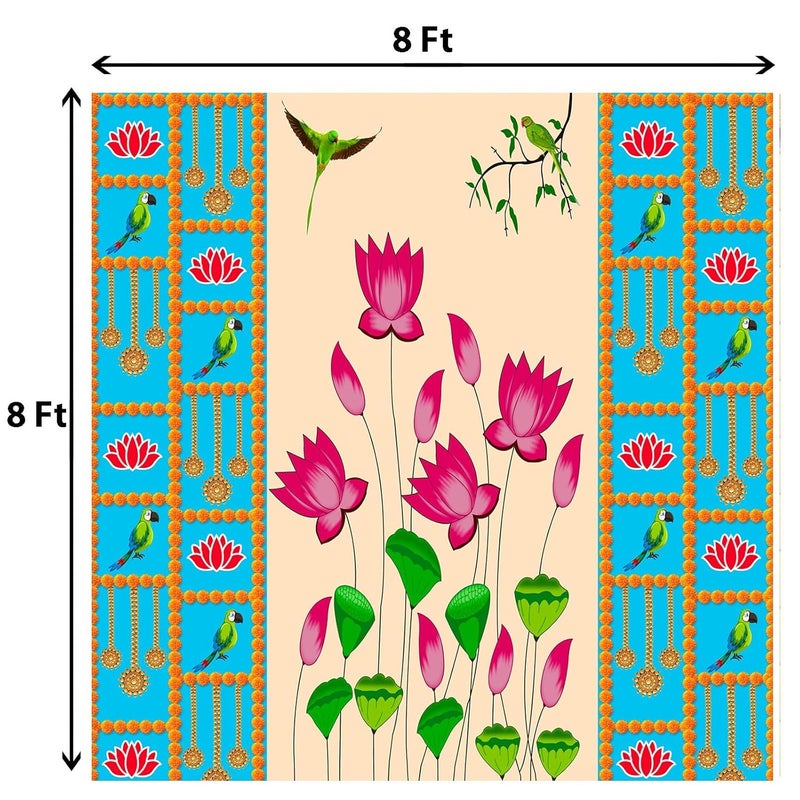 DHARA CREATION Dhara Blue Backdrop with Lotus Printed 8FT8FT Backdrop Cloth for Pooja Decoration Traditional Background Curtain Cloth for Festival Washable Fabric  - Image 2