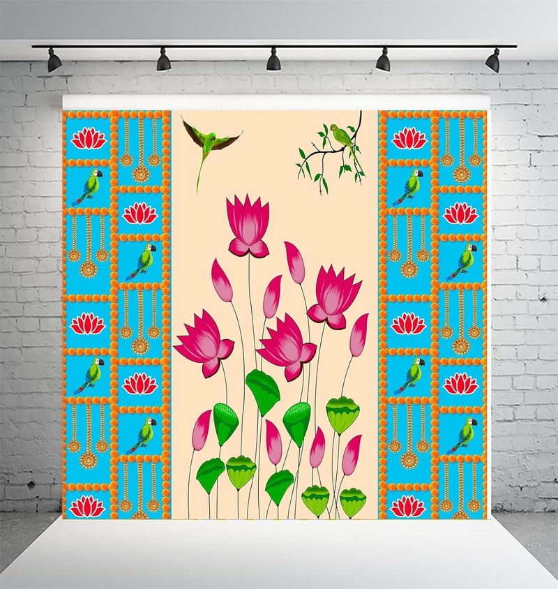 DHARA CREATION Dhara Blue Backdrop with Lotus Printed 8FT8FT Backdrop Cloth for Pooja Decoration Traditional Background Curtain Cloth for Festival Washable Fabric  - Image 4