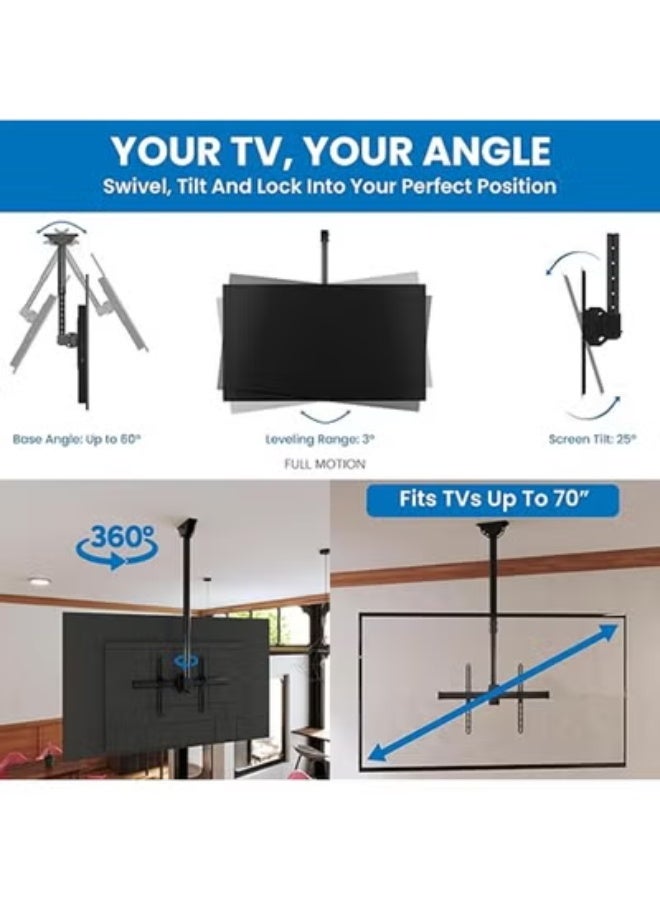 حامل تلفزيون سقفي بارتفاع قابل للتعديل وحركة كاملة مع دوران 360 درجة – مناسب للشاشات المسطحة LCD وLED وOLED والبلازما حتى 75 بوصة – يتحمل حتى 50 كجم – أسود - Image 3