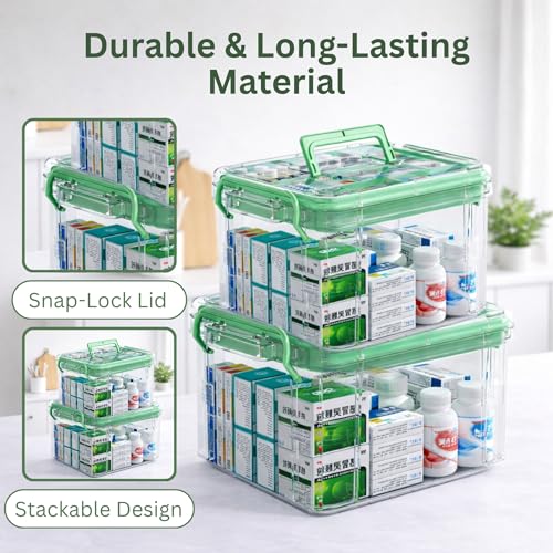 HoopVool® Clear Plastic Medicine Storage Box Organizer, Family Emergency Kit with Removable Pill Case Portable Lockable Container for, Art Craft and Cosmetic Household Organizer (Green, Medium) - Image 4