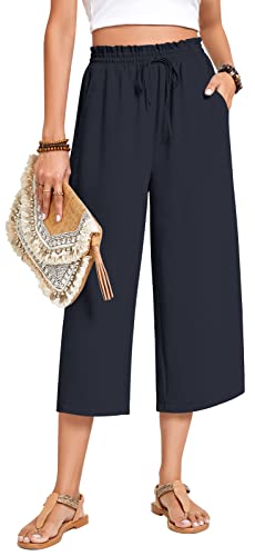Anyhold Womens Plus Size Capri Pants Loose High Waisted Wide Leg Lounge Pants Drawstring Casual Palazzo Trousers with Pockets 2X-Large, Dark Blue - Image 2