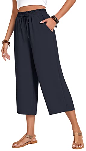 Anyhold Womens Plus Size Capri Pants Loose High Waisted Wide Leg Lounge Pants Drawstring Casual Palazzo Trousers with Pockets 2X-Large, Dark Blue - Image 5