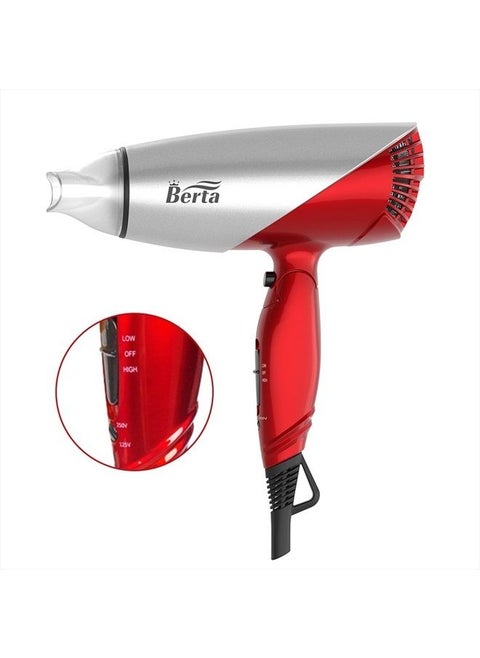 Berta 1875W Folding Hair Dryer Dual Voltage Blow Dryer Negative Ions Travel Dryer with 2 Heat 2 Speed Setting, Red