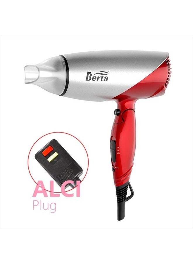 Berta 1875W Folding Hair Dryer Dual Voltage Blow Dryer Negative Ions Travel Dryer with 2 Heat 2 Speed Setting, Red