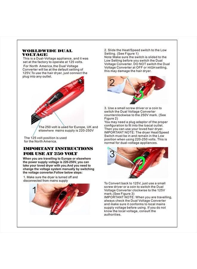 Berta 1875W Folding Hair Dryer Dual Voltage Blow Dryer Negative Ions Travel Dryer with 2 Heat 2 Speed Setting, Red