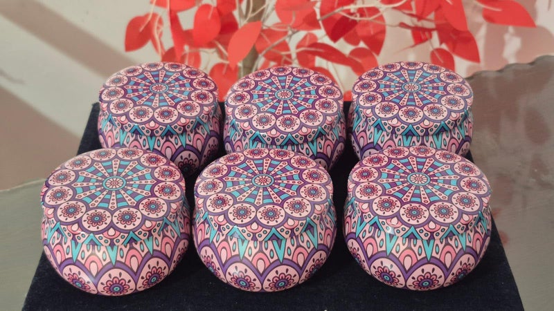 6 Pieces Mandala Pattern Metal Storage Tin, Multicolor for Candle Making, Jewelry and Accessories, Decorative Design in Pink, Blue, Purple - Image 1