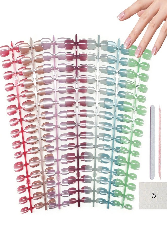 AIBEE 7 Colors Cat Eye Press on Nails - 3 Size Press on Nails 210pcs Short Square Fake Nails Reusable Stick on Nails with Glue Stickers for Daily Wear Parties Dates Holidays for Women teenager Girls - Image 1