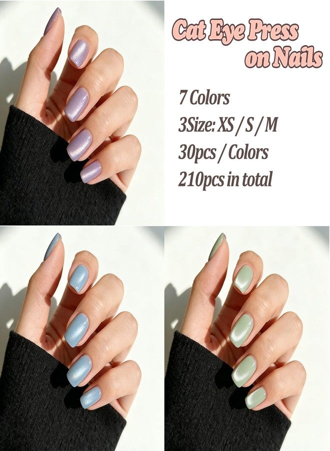 AIBEE 7 Colors Cat Eye Press on Nails - 3 Size Press on Nails 210pcs Short Square Fake Nails Reusable Stick on Nails with Glue Stickers for Daily Wear Parties Dates Holidays for Women teenager Girls - Image 4