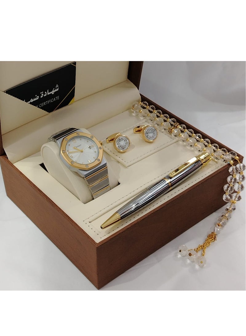 Generic 4-Piece Watch Gift Set for Men (Wristwatch with Pen, Set of Buttons and Rosary) 