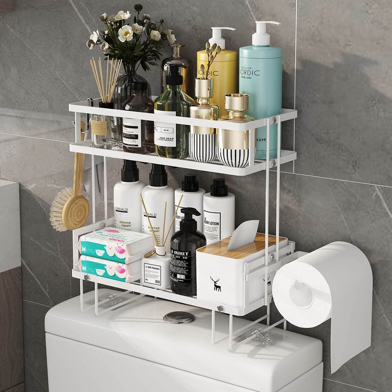 Godboat Bathroom Organizer - Over The Toilet Storage Cabinet, 2-Tier Floating Shelves, Wall Shelf with 2 Hooks & Paper Rack, Cool Accessories & Decor, Gifts for Women, Mothers Day (White) - Image 1