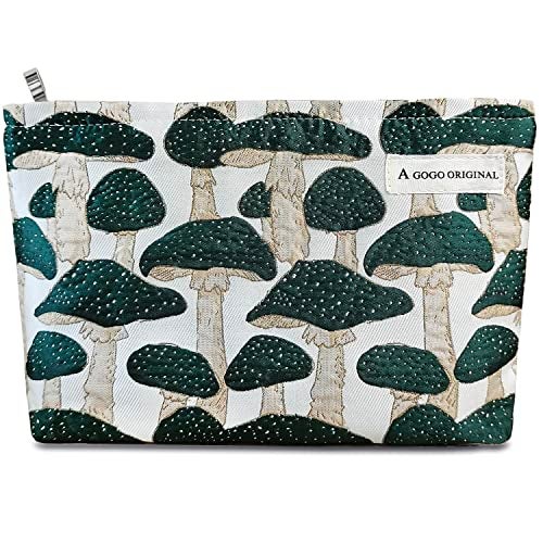 STARDW Cute Makeup Bag Aesthetic Cosmetic Bags for Women Girls, Travel Toiletry Bag Large Capacity Zipper Makeup Pouch, Purse Organizer Pouches,Canvas Lining (Green Mushroom) - Image 1