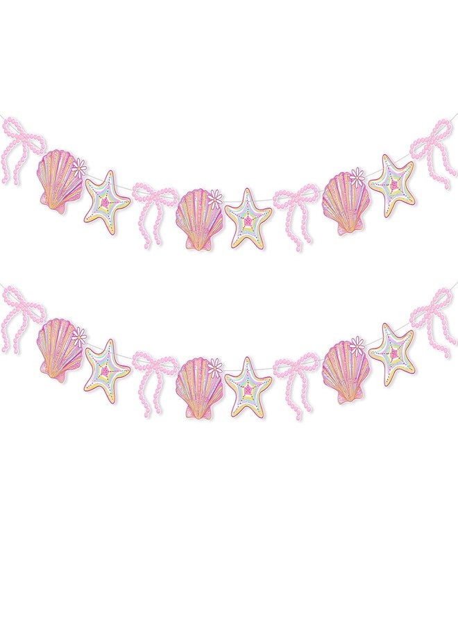 Oudain 2 Pack Pink Bow Seashell Garland for Girl 6.56 ft Pink Mermaid Seashell Party Coquette Ocean Coastal Beach Under The Sea Paper Bow Hanging Banner for Baby Shower Wedding Summer Birthday - Image 1