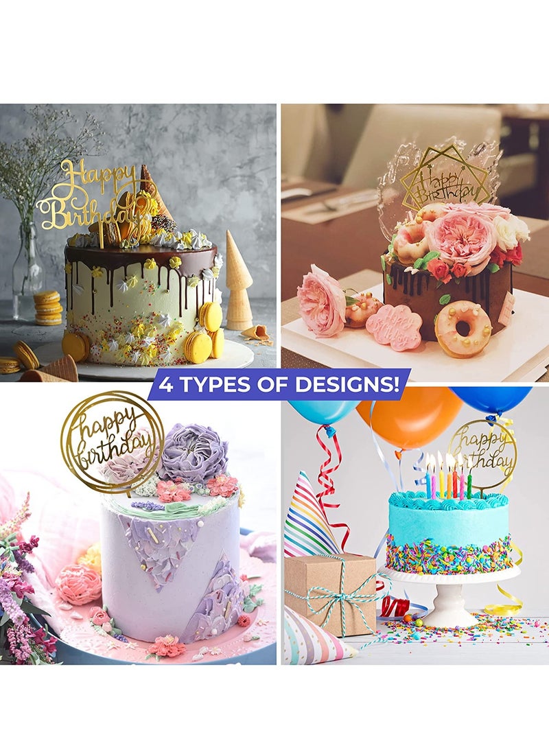 SYOSI - Happy Birthday Cake Toppers Gold Acrylic Cake Topper 4 Different Shapes for Birthdays Event Decorations Supplies Pack of 4 - Image 1