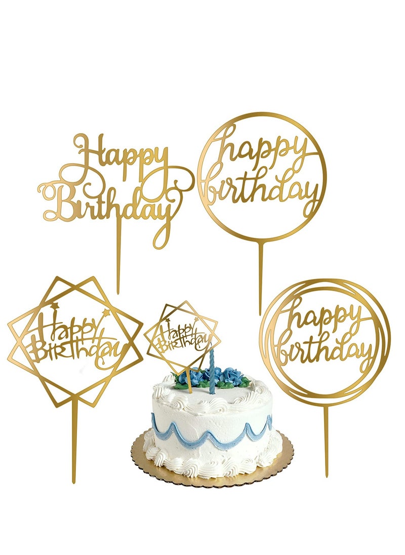 SYOSI - Happy Birthday Cake Toppers Gold Acrylic Cake Topper 4 Different Shapes for Birthdays Event Decorations Supplies Pack of 4 - Image 1