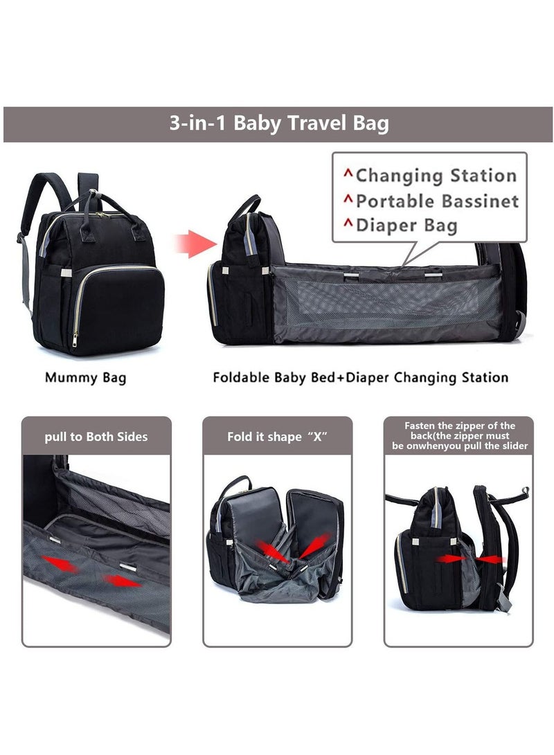 GT-Wheel Multifunctional Mummy Bag,Bassinet Bag Functions as Diaper Bag and Changing Station, Foldable Nappy Backpacks Baby Bed with Hook & Changing Pad (Black) - Image 3