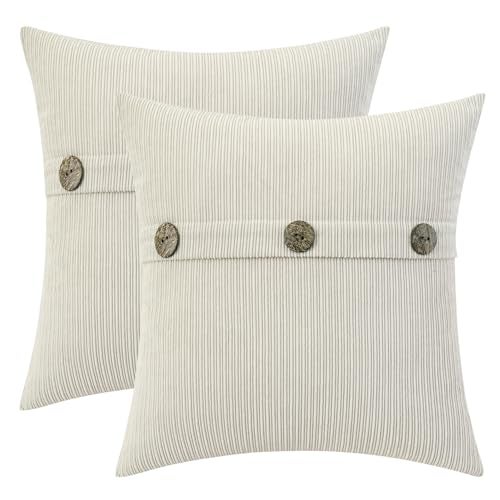 HWY 50 Cream White Chenille Throw Pillow Covers 16x16 Inch with Triple Buttons Soft Farmhouse Accent Decorative Cushion Cases for Couch Sofa Bed Bedroom Pack of 2 - Image 1
