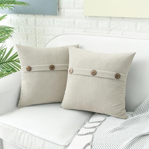 HWY 50 Cream White Chenille Throw Pillow Covers 16x16 Inch with Triple Buttons Soft Farmhouse Accent Decorative Cushion Cases for Couch Sofa Bed Bedroom Pack of 2 - Image 3