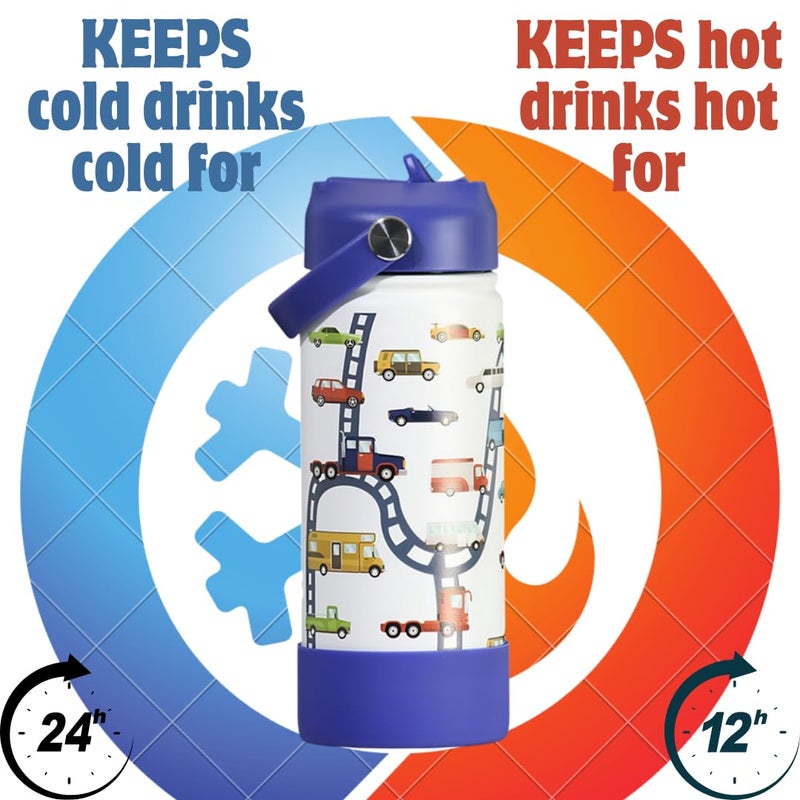 TOM  BELL Insulated Water Bottle for Kids 500ml,Double Wall Water Bottle for School, Sipper Bottle,Hot and Cold, Premium 304 Stainless Steel (Cars, 500ml) - Image 2