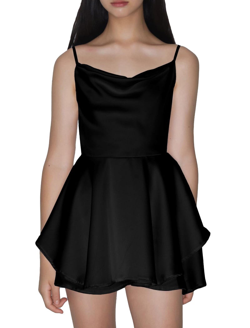 EXARUS Girls Teen Dress Satin Party Dance Formal Tween Cowl Neck Spaghetti Strap Ruffle Mini Flowy Cami Silky Short Dresses Black 12Y - Image 1
