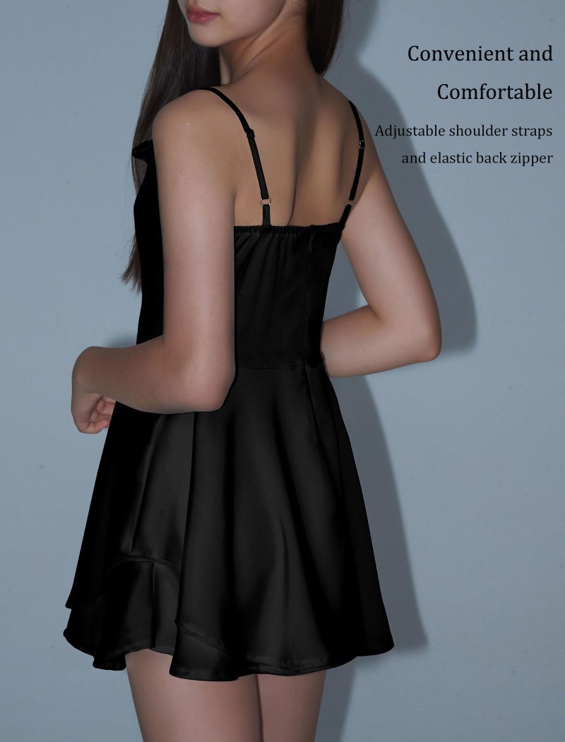 EXARUS Girls Teen Dress Satin Party Dance Formal Tween Cowl Neck Spaghetti Strap Ruffle Mini Flowy Cami Silky Short Dresses Black 12Y - Image 4
