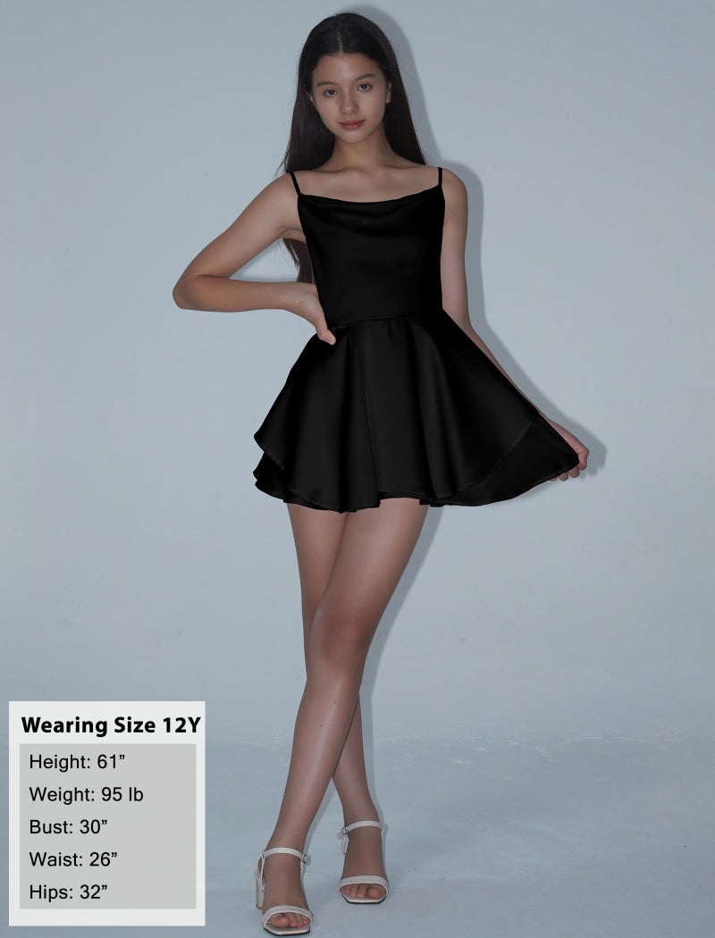 EXARUS Girls Teen Dress Satin Party Dance Formal Tween Cowl Neck Spaghetti Strap Ruffle Mini Flowy Cami Silky Short Dresses Black 12Y - Image 5