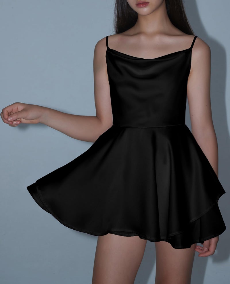 EXARUS Girls Teen Dress Satin Party Dance Formal Tween Cowl Neck Spaghetti Strap Ruffle Mini Flowy Cami Silky Short Dresses Black 12Y - Image 2