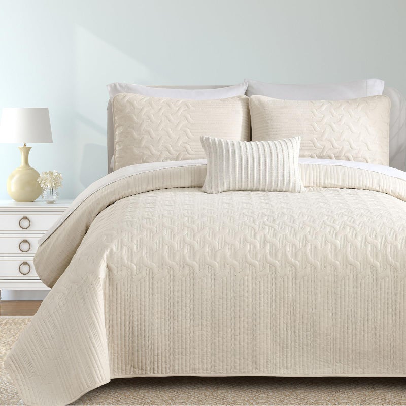 Yiran Beige Quilt Set Queen Size Lightweight Bedspread Ultrasonic Wave Pattern Soft Microfiber Coverlet for All Season Modern Style 3 Piece Bed Cover Sets with 2 Pillow Shams (96"x90") - Image 1