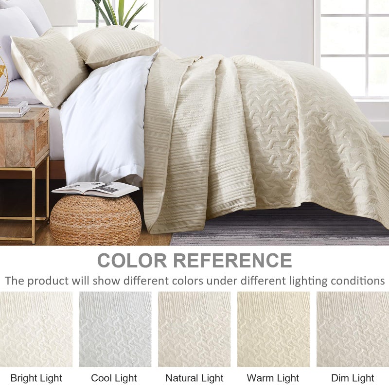 Yiran Beige Quilt Set Queen Size Lightweight Bedspread Ultrasonic Wave Pattern Soft Microfiber Coverlet for All Season Modern Style 3 Piece Bed Cover Sets with 2 Pillow Shams (96"x90") - Image 4