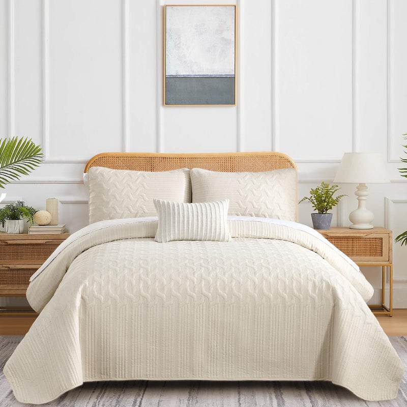 Yiran Beige Quilt Set Queen Size Lightweight Bedspread Ultrasonic Wave Pattern Soft Microfiber Coverlet for All Season Modern Style 3 Piece Bed Cover Sets with 2 Pillow Shams (96"x90") - Image 2
