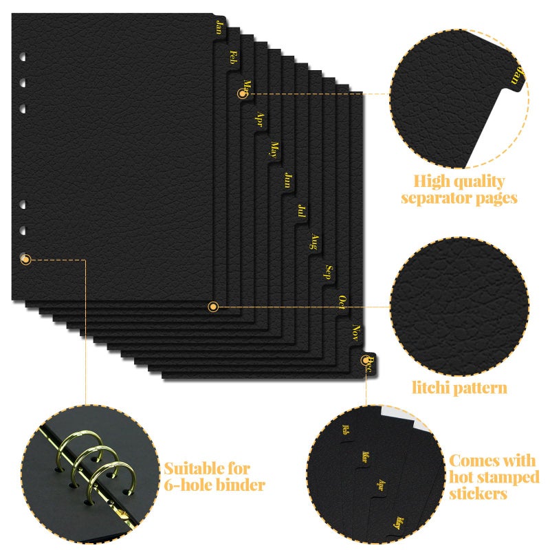 Koqye Leather Textured A5 Paper Card Dividers 6 Holes 12 Month Index Page Tab Divider for Travel Diary Binder Notebooks Journal Plan (12 Monthly Tabs) - Image 2