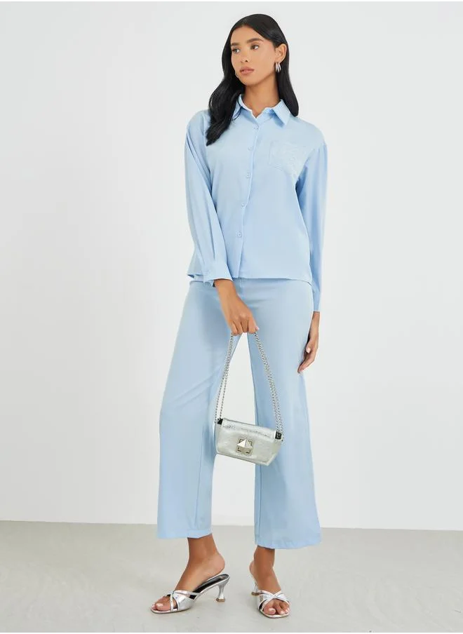 تايك تو Take Two Embellished Pocket Buttoned Shirt and Pants Co-Ordsd