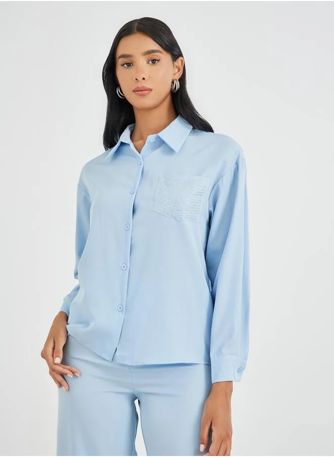 تايك تو Take Two Embellished Pocket Buttoned Shirt and Pants Co-Ordsd