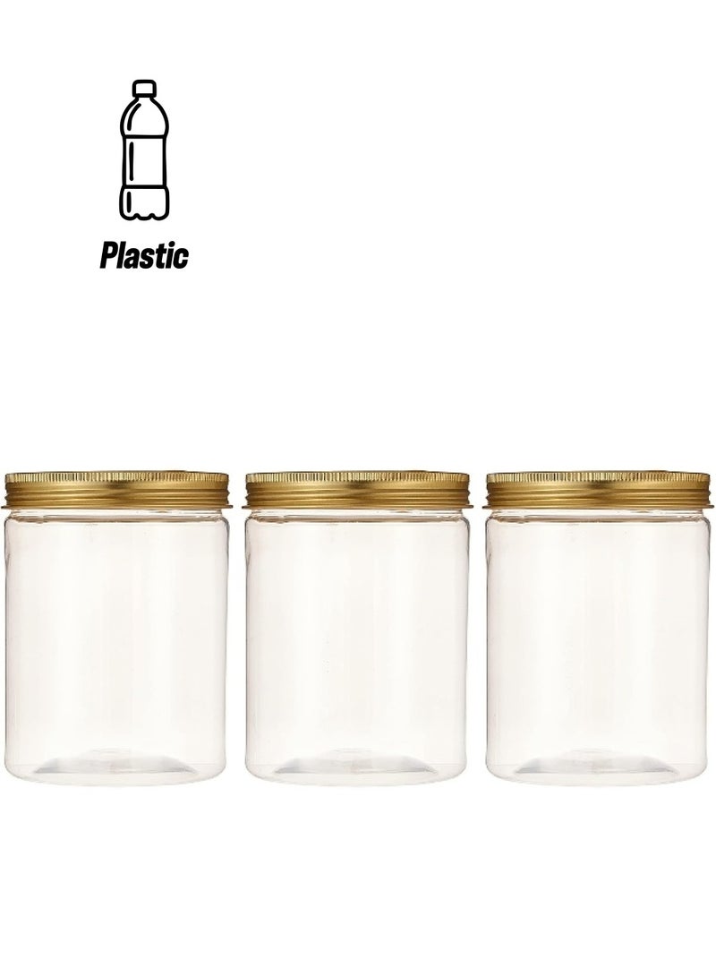 Alsaqer 3 Pieces 500 ml Empty Bottle Refillable Clear Plastic Jars with Gold Lids for Food Home Storage Products Round Containers Candy, Spices, Biscuits - Image 1