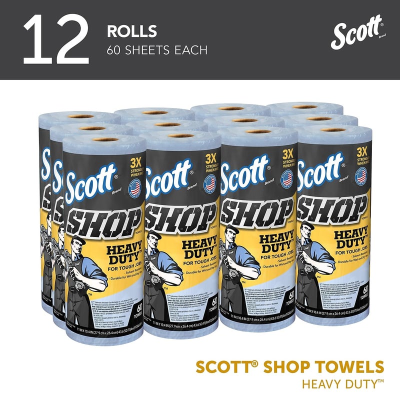 Scott Shop Original Heavy Duty Towels (32992), Blue, Cloth-like Paper Towel for Solvents, 10.4"x11" Wipe (12 Rolls of 60 Sheets, 720 Sheet Total) - Image 2