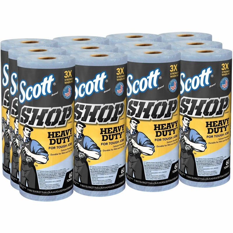 Scott Shop Original Heavy Duty Towels (32992), Blue, Cloth-like Paper Towel for Solvents, 10.4"x11" Wipe (12 Rolls of 60 Sheets, 720 Sheet Total) - Image 1