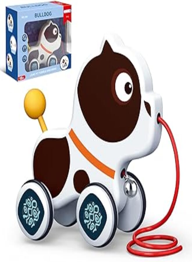 لعبة سحب للأطفال الصغار، لعبة المشي على شكل كلب بولدوج، ألعاب مونتيسوري للأطفال بعمر 2 و3 و4 و5 سنوات، لعبة جرو أليف للأطفال بعجلات ذات حافة مطاطية | يرتدي جرسًا | يمشي متموجًا | ذيل يهز حيويًا