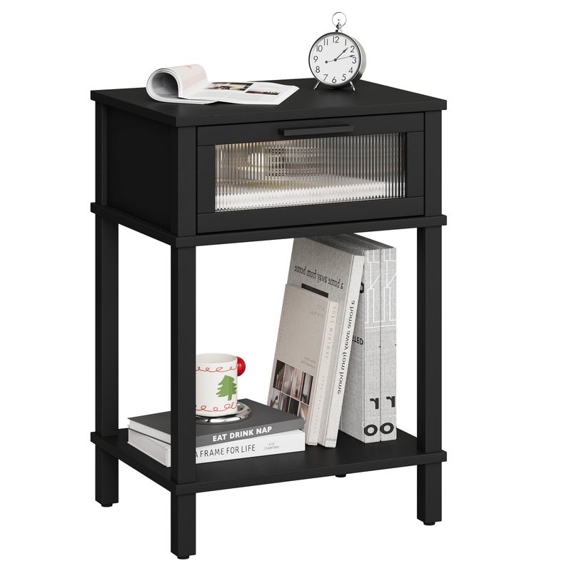 MMEOLUOOK Nightstand Wooden Bedside Table with Drawer Black Night Stands Modern Style Small End Table Side Table with Storage Shelf for Bedroom Living Room MLBZ10B - Image 1