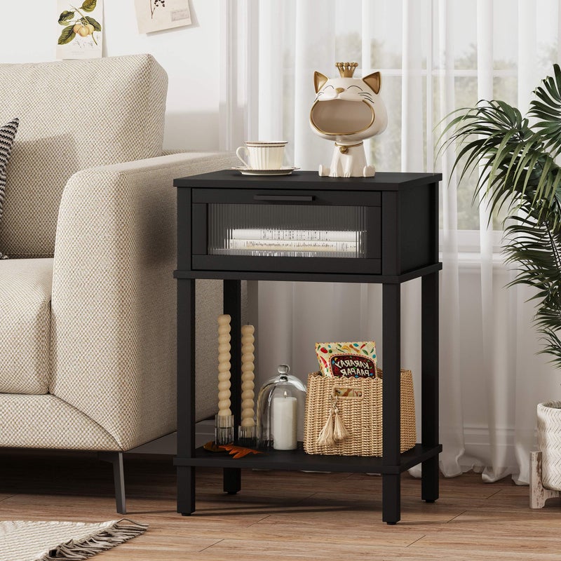 MMEOLUOOK Nightstand Wooden Bedside Table with Drawer Black Night Stands Modern Style Small End Table Side Table with Storage Shelf for Bedroom Living Room MLBZ10B - Image 5