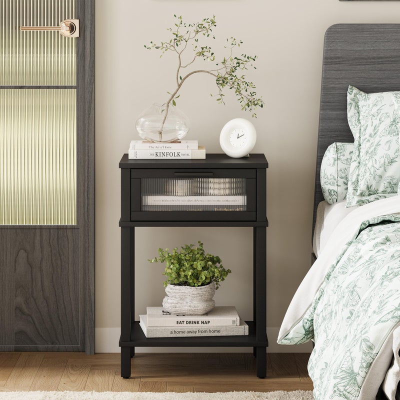 MMEOLUOOK Nightstand Wooden Bedside Table with Drawer Black Night Stands Modern Style Small End Table Side Table with Storage Shelf for Bedroom Living Room MLBZ10B - Image 2