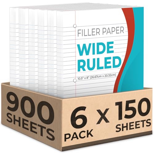 Rosmonde Loose Leaf Paper, 900 Sheets, 6 Pack, Wide Ruled, 8" x 10.5", 56 gsm Bulk Office Filler Sheets, 3 Hole Punched, 150 Sheets/Pack, Wide Ruled for 3 Ring Binder, Notebook Paper, White - Image 1