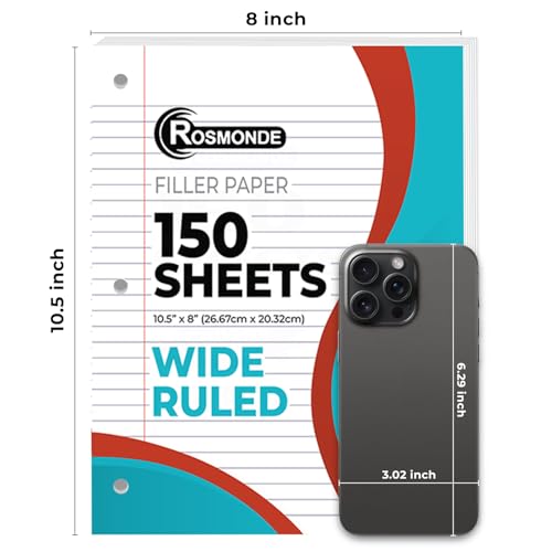 Rosmonde Loose Leaf Paper, 900 Sheets, 6 Pack, Wide Ruled, 8" x 10.5", 56 gsm Bulk Office Filler Sheets, 3 Hole Punched, 150 Sheets/Pack, Wide Ruled for 3 Ring Binder, Notebook Paper, White - Image 3