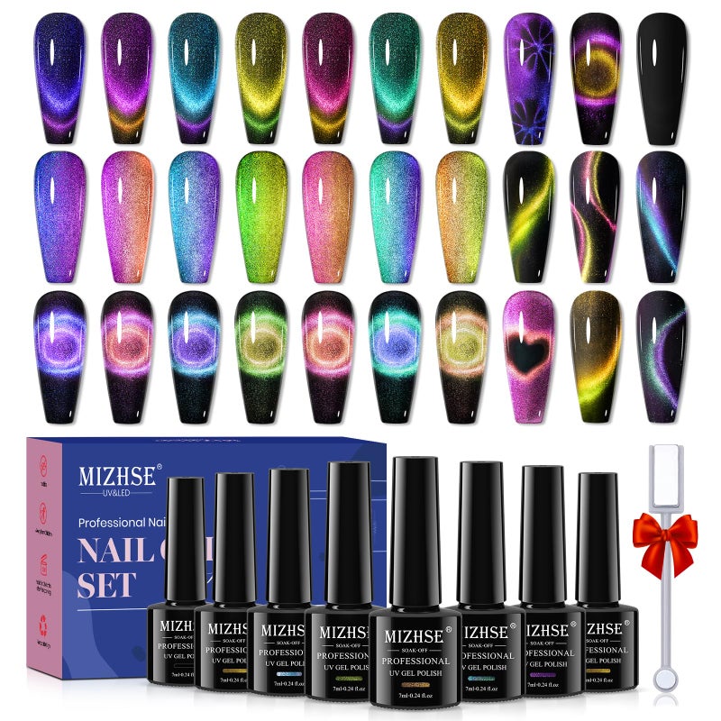 MIZHSE 8 Colors 9D Cat Eye Gel Nail Polish, Upgraded Magnetic Gel Polish Kit with Magnet Stick, Galaxy Chameleon Effect Silk Cat Eye Nail Polish Soak Off Nail Art Salon Manicure Home Ladies Gift - Image 1